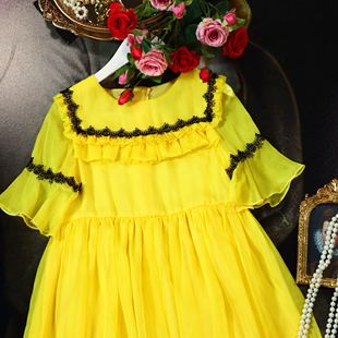 女童装夏装雪纺连衣裙荷叶边蕾丝，黄色公主裙，淑女甜美短袖裙子