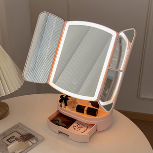 化妆镜镜子带灯led台式收纳盒二合一体折叠贝壳可发光补光镜仙女