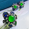 VISING珠宝巴西绿玉髓玛瑙黑金设计花朵耳钉戒指套装高级S925银