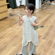 韩版夏季女童薄款镂空针织背心裙白色罩衫叠穿搭配条纹连体裤