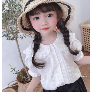 女童白色娃娃领衬衫小女孩韩版洋气时髦上衣薄宝宝夏儿童(夏儿童)短袖衬衣