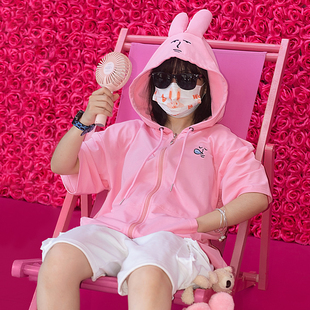 粉红兔子myfriend原创短袖，连帽卫衣可爱女生卡通夏季粉色半袖t恤