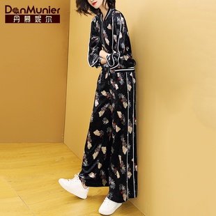 丹慕妮尔丝绒运动套装女印花棒球服长裤，春秋季休闲两件套