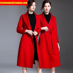 水波纹双面羊绒大衣女修身长，款定制冬季红色双面昵羊毛大衣厚外套
