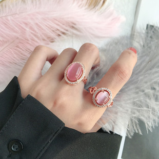 小女人时尚大气唯美仿粉色水晶镶钻开口戒指玫瑰金芙蓉石食指指环