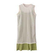 夏季小众设计感褶皱绿色，吊带裙+蕾丝镂空罩衫背心裙两件套装