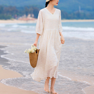 春夏女装清凉苎麻细皱肌理感重工水溶刺绣清新优雅仙气白色连衣裙