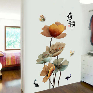 中国风新中式古典荷花客厅电视背景墙贴自粘餐厅玄关墙面装饰贴纸
