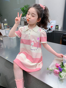 女童连衣裙夏季2024韩版洋气儿polo裙粉白条纹中长T恤裙套装
