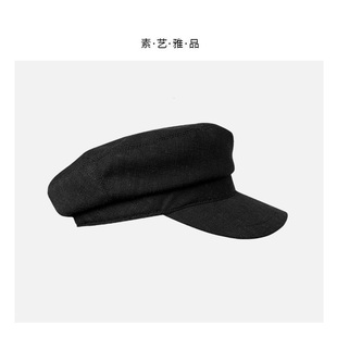 春夏季复古日式英伦亚麻船长帽男女同款黑色鸭舌帽子报童帽