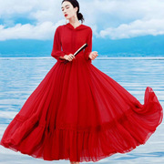 雪纺红色甜美连衣裙长款夏波西米亚长裙收腰显瘦沙滩裙超仙大摆裙