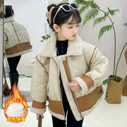 韩版女童拼接pu皮毛毛，外套洋气2023时尚冬装，网红儿童保暖棉衣