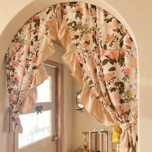 乡村复古英式奶油玫瑰花，美式窗帘拱形洞，门帘半帘穿杆挂钩魔术贴定