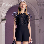 vjcolivia2023春夏女装，黑色蕾丝波点短裤高腰，修身连体裤