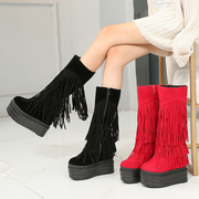小仙女瘦腿靴性感中筒流苏女靴，冬季坡跟厚底内增高高跟保暖靴