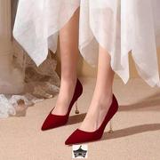 酒红色结婚鞋子女，秀禾服婚纱两穿法式新娘鞋高跟，小众高级感不累脚
