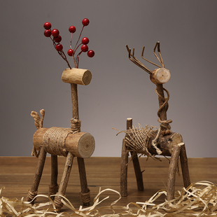 手工木制作小鹿装饰摆件木质房间桌面布置家居，饰品创意木头工艺品