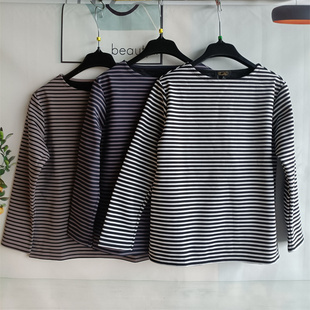 日本订单 针织条纹海军风圆领女款长袖T恤衫