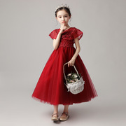 花童红色公主裙2022女童生日，洋气蓬蓬裙礼服儿童钢琴演出服装