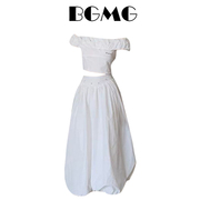 时尚气质套装一字肩衬衫上衣女春季白色花苞裙子半身裙小众两件套