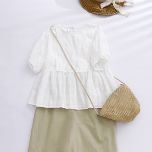 出口日本品牌尾货文艺暗格纹，褶皱衬衫夏季减龄大码上衣娃娃衫