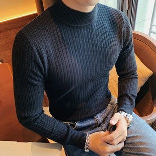 半高领条纹毛衣男士秋季韩版修身中领针织打底衫英伦潮流休1112j