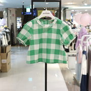 perimitz女童短袖格子衬衫24夏韩国儿童花瓣圆领后开系扣T恤