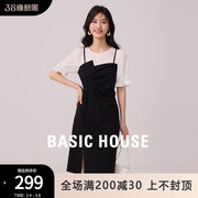 Basic House/百家好假两件泡泡袖连衣裙女2023夏季收腰A字裙