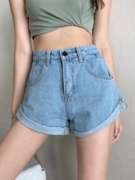 糖果色减龄牛仔短裤女2023夏季韩版高腰宽松显瘦阔腿卷边热裤