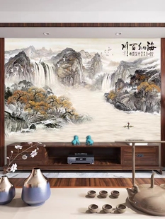 8d中式电视背景墙壁纸3d立体客厅墙纸海纳百川影视，墙壁布定制壁画