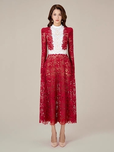 越南设计师重工水溶刺绣大红色撞色结婚敬酒服礼服裙长袖连衣裙