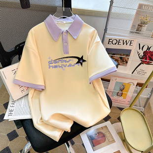 CSVQ夏季polo衫T恤女紫色袖子拼接宽松减龄字母学院风慵懒上衣潮