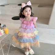 女童连衣裙2023夏装，蓬蓬裙儿童洋气蛋糕裙子，公主裙宝宝彩虹