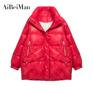 红色羽绒服女中长款2023年冬季韩版时尚立领加厚保暖外套新年