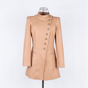 秋季非对称布同立领粉红色驼色长袖修身型中长单排扣羊毛大衣外套