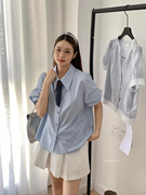 法式通勤时尚设计感翻领短袖衬衫带领结女宽松显瘦简约上衣高品质