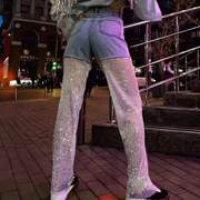 2024春季水钻镂空渔网烫钻设计感拼接直筒牛仔裤女街头风长裤