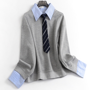 V696条纹衬衫领假两件系领带减龄学院风春秋长袖百搭女装卫衣