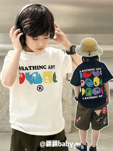 23夏季男儿童装上衣纯棉弹力日系潮，洋气彩色印花休闲短袖t恤