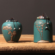 陶瓷小号手绘浮雕茶叶罐，手工汝窑粗陶复古存储罐，普洱茶罐功夫茶具