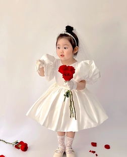 女童连衣裙儿童生日白色礼服公主裙，蓬蓬纱裙表演出服宫廷风拍照服
