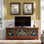 新中式彩绘电视柜做旧复古典实木客厅影视柜玄关卧室矮柜装饰样板