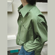 宽松直筒长袖纯棉翻领衬衫复古绿色高支棉衬衣慵懒廓型上衣外套女