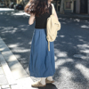艺野系复古蓝色半身裙女日式工装裙小个子气球裙，高腰a字花苞裙