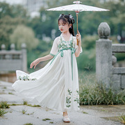 女童2022夏款连衣裙中大童改良中国风绣花汉服儿童短袖亲子绿色