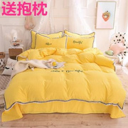 枕套四件套全棉纯棉黄色系被罩紫色的床笠2米4件套韩版大红色简约