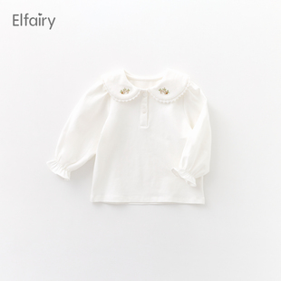 elfairy女童打底衫宝宝t恤春装婴儿翻领上衣，儿童白色衬衣春秋款棉