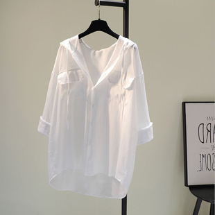 衬衫女2023年洋气时尚，双口袋设计感白色衬衣，连帽宽松防晒服夏
