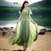 夏天连衣裙女绿色雪纺裙，短袖到脚踝长裙漂亮好看度假裙海边沙滩裙