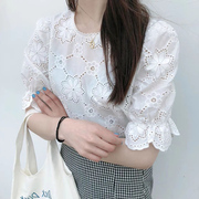 仙女白色蕾丝娃娃衬衫2024韩版夏装泡泡袖镂空刺绣花朵纯棉上衣女
